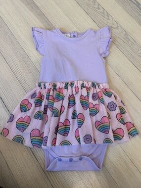 SWEET WINK Baby Girl's Purple Flutter Sleeve Rainbow Heart Print Dress Size 6-12